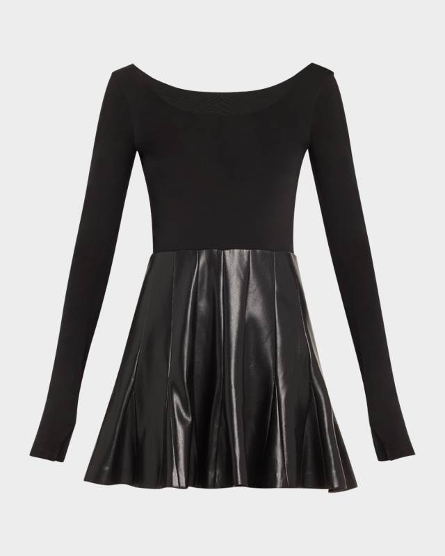 Chara Vegan Leather Long-Sleeve Pleated Mini Dress